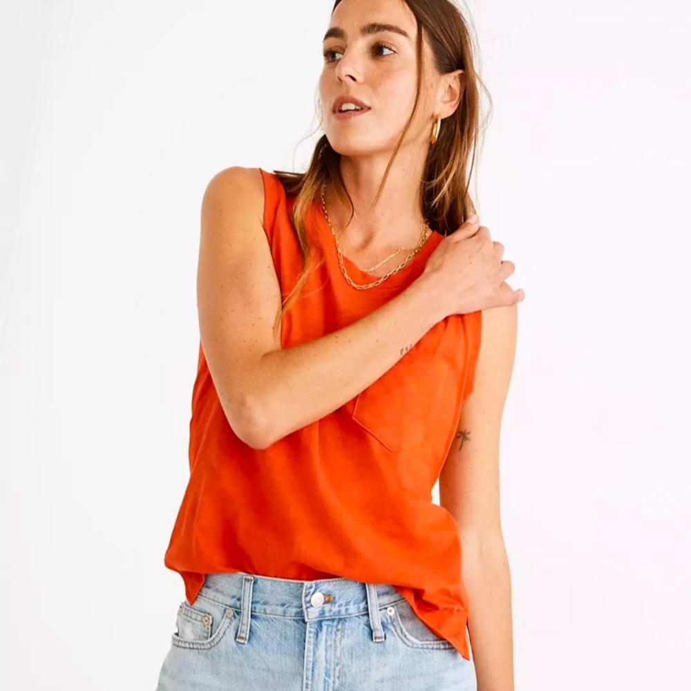 Madewell Orange Cotton Crewneck Pocket Muscle Tank Size Medium